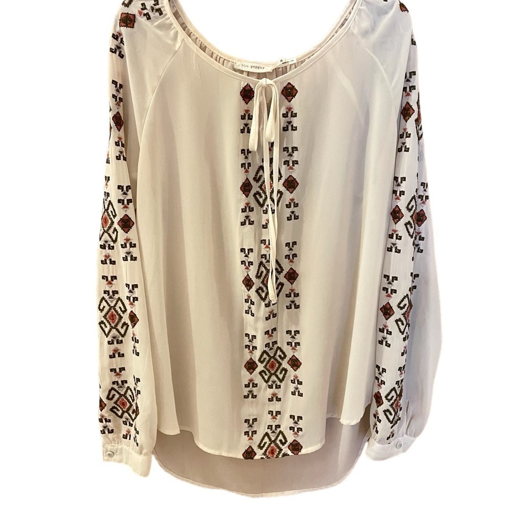 Blu Pepper Embroidered Aztec Top, Size XL, Beige, Long Sleeves, Sheer & …